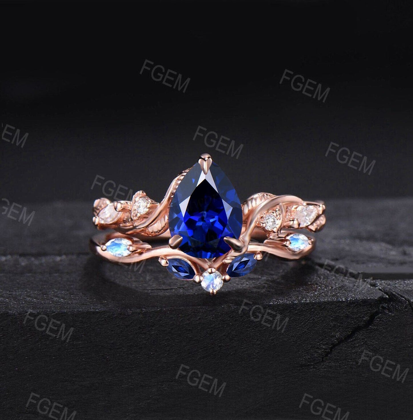 1.25ct Nature Inspired Blue Sapphire Moissanite Engagement Ring Twist Band Moonstone Wedding Ring Leaf Vine Branch Blue Sapphire Bridal Set