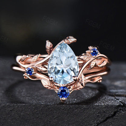 Nature Inspired Pear Natural Aquamarine Bridal Set Solid 14K Rose Gold Ring Unique Cluster Blue Sapphire Wedding Ring March Birthstone Gifts