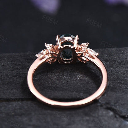 1.5ct Oval Cut Moss Agate Engagement Rings 10K Rose Gold Vintage Marquise Moss Agate Ring Natural Gemstone Ring Anniversary Birthday Gifts