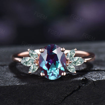 1.5ct Oval Cut Color-Change Alexandrite Cluster Engagement Rings 10K Rose Gold Vintage Marquise Moss Agate Wedding Ring June Birthstone Gift