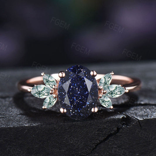 1.5ct Oval Cut Starry Sky Blue Sandstone Ring Moss Agate Cluster Engagement Ring Blue Goldstone Wedding Ring Unique Proposal Birthday Gifts