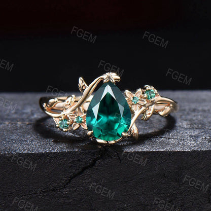 Nature Inspired Rose Flower Green Emerald Engagement Ring Set Branch Leaf Floral Wedding Ring Vintage 1.25ct Pear Cut Green Emerald Ring Set