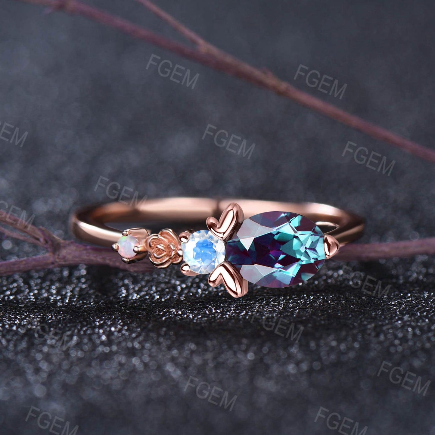 Unique Cute Honey Bee Alexandrite Engagement Ring East West Oval Ring Floral Opal Moonstone Wedding Ring Handmade Anniversary Promise Rings