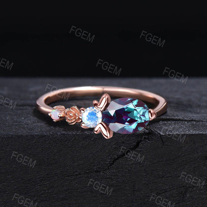 Unique Cute Honey Bee Alexandrite Engagement Ring East West Oval Ring Floral Opal Moonstone Wedding Ring Handmade Anniversary Promise Rings