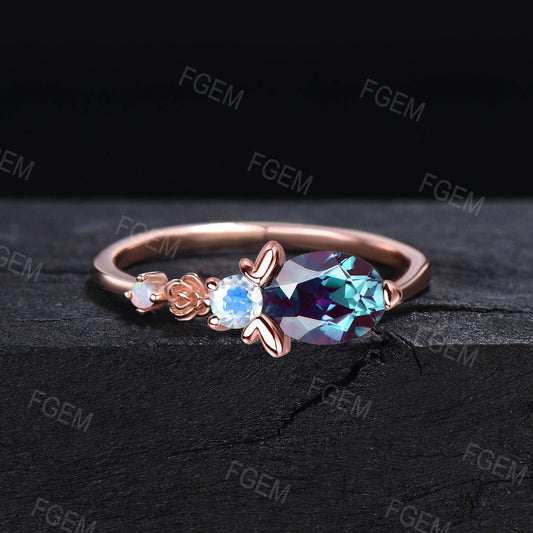 Unique Cute Honey Bee Alexandrite Engagement Ring East West Oval Ring Floral Opal Moonstone Wedding Ring Handmade Anniversary Promise Rings