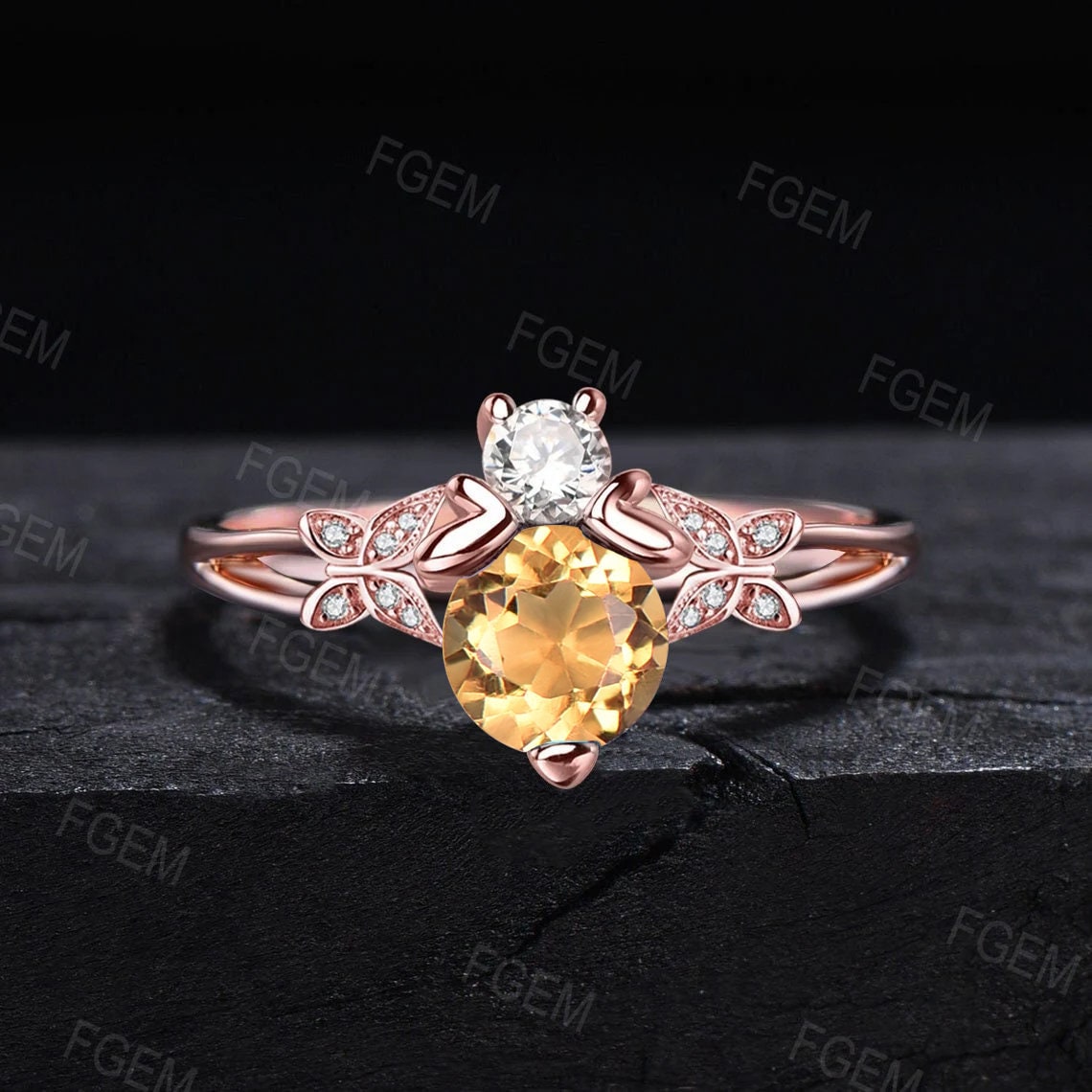 Round Cut Natural Citrine Moissanite Engagement Ring Cute Honey Bee Nature Wedding Ring Split Shank Band Handcrafted Butterfly Diamond Ring
