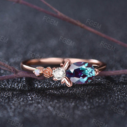 Cute Honey Bee Flower Alexandrite Engagement Ring East West Oval Ring Floral Opal Moissanite Wedding Ring Handmade Anniversary Promise Rings