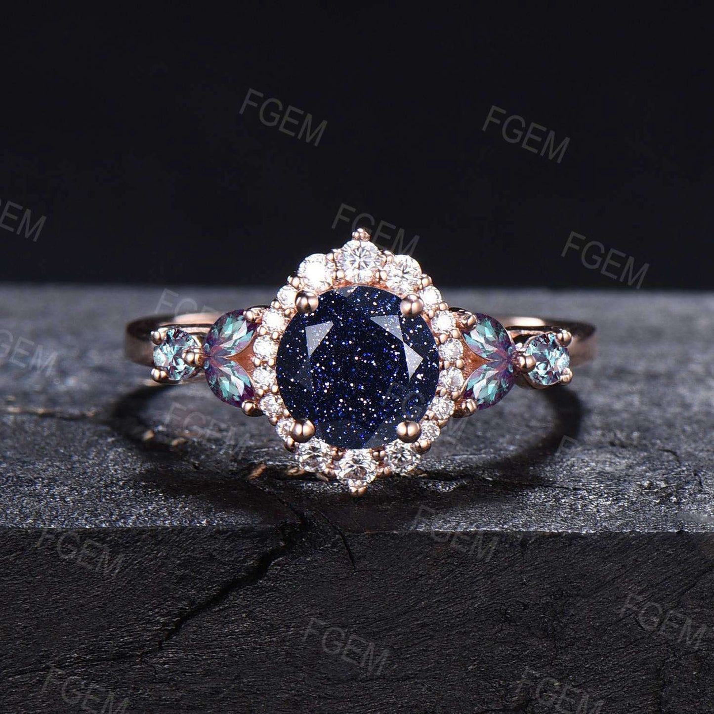 Round Cut Galaxy Starry Sky Blue Sandstone Halo Moissanite Wedding Ring Cluster Alexandrite Ring Vintage Unique Anniversary/Proposal Gifts