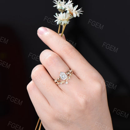 1.25ct Pear Moissanite Engagement Ring Set 14K Solid Yellow Gold Nature Inspired Moissanite Diamond Bridal Set Leaf Vine Branch Wedding Ring