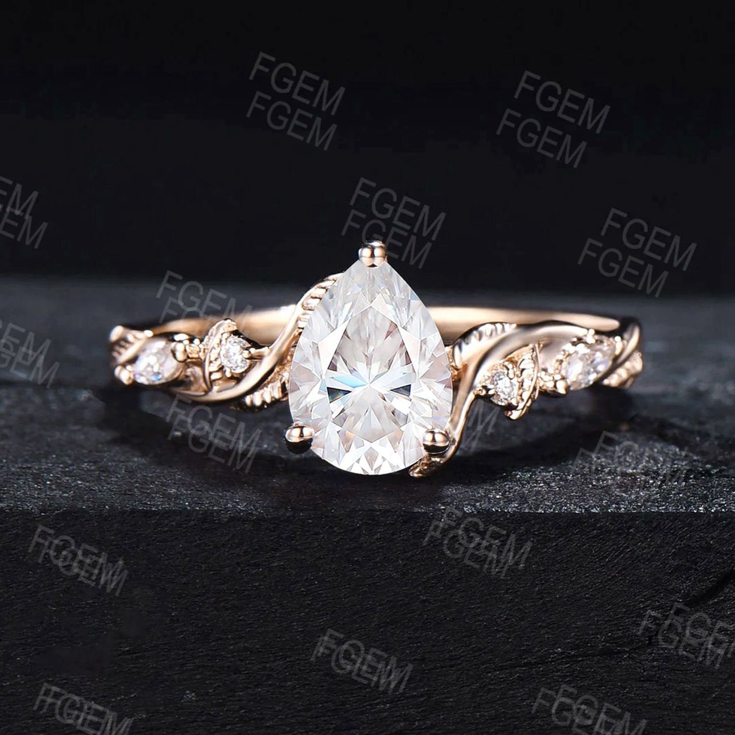1.25ct Pear Moissanite Engagement Ring Set 14K Solid Yellow Gold Nature Inspired Moissanite Diamond Bridal Set Leaf Vine Branch Wedding Ring