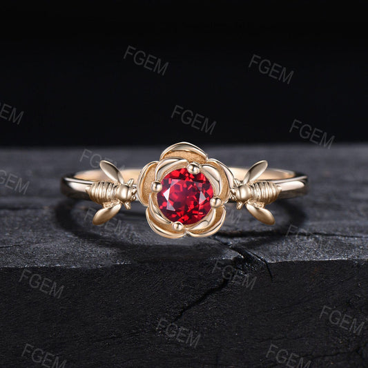 5mm Nature Inspired Floral Round Red Ruby Wedding Ring Honey Bee Promise Ring Alternative Ruby Engagement Ring Red Gemstone Solitaire Rings