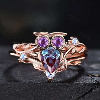 Pear Shaped Alexandrite Bridal Set Nature Inspired Owl Design Alexandrite Engagement Ring Branch Vine Ring Set Unique Amethyst Wedding Rings