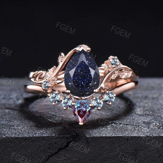 1.25ct Pear Nature Inspired Galaxy Starry Sky Blue Sandstone Wedding Ring Color-Change Alexandrite Wedding Band Leaf Vine Branch Gem Ring