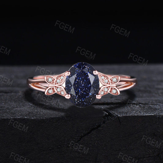 1.5ct Oval Galaxy Blue Sandstone Butterfly Engagement Ring Butterfly Wedding Ring 10K Rose Gold Split Shank Band Handcrafted Promise Ring