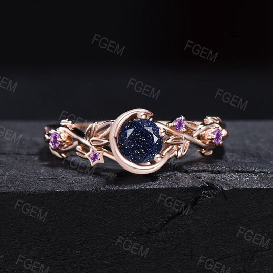 Nature Inspired Galaxy Blue Goldstone Amethyst Engagement Ring Moon Star Design Round Blue Sandstone Ring Branch Leaf Amethyst Wedding Rings