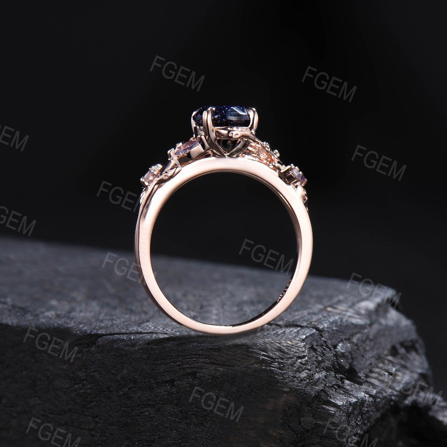 1ct Nature Inspired Round Galaxy Blue Sandstone Engagement Ring Cluster Alexandrite Ring Blue Goldstone Ring Anniversary/Promise Gift Women