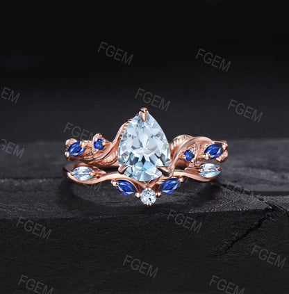 1.25ct Nature Inspired Natural Aquamarine Engagement Ring Twist Band March Birthstone Gift Blue Sapphire Wedding Ring Vine Branch Bridal Set