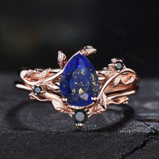 Nature Inspired Lapis Lazuli Engagement Ring Set Natural Lapis Gold Branch Style Pear Ring Set 1.25ct Blue Lapis & Black Gemstone Wedding Rings