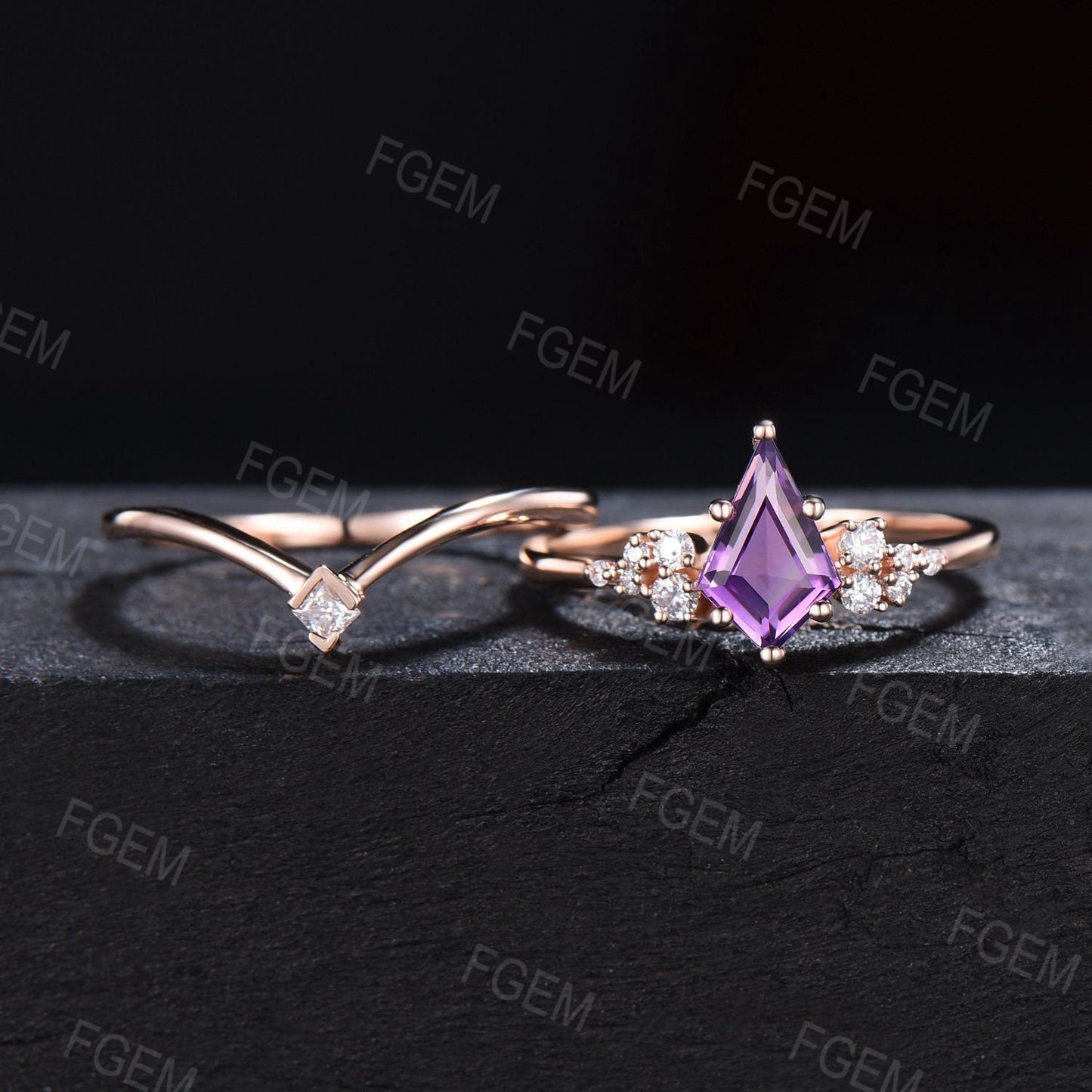 2pcs Amethyst Moissanite Ring Set 14K Solid Gold Natural Crystal Wedding Ring Set Kite Cut Purple Stone Engagement Ring Unique Bridal Set