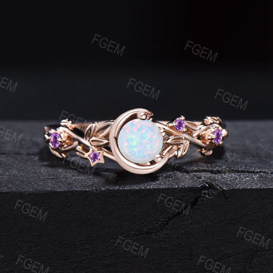 Nature Inspired Moon Star Design Amethyst Opal Engagement Ring Sterling Silver 5mm Round Fire Opal Ring Branch Leaf Amethyst Wedding Rings