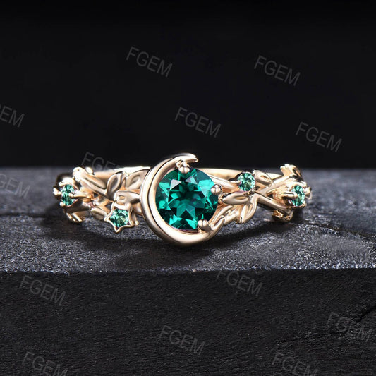 Nature Inspired Green Emerald Engagement Ring 10K Yellow Gold Moon Star Design Round Emerald Promise Ring Branch Leaf Cluster Wedding Ring