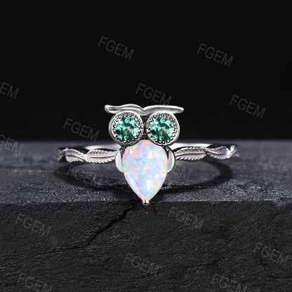 Nature Inspired Pear Cut White Opal Ring Cute Owl Engagement Ring Vintage Unique Green Emerald Wedding Ring Unique Solitaire Promise Rings