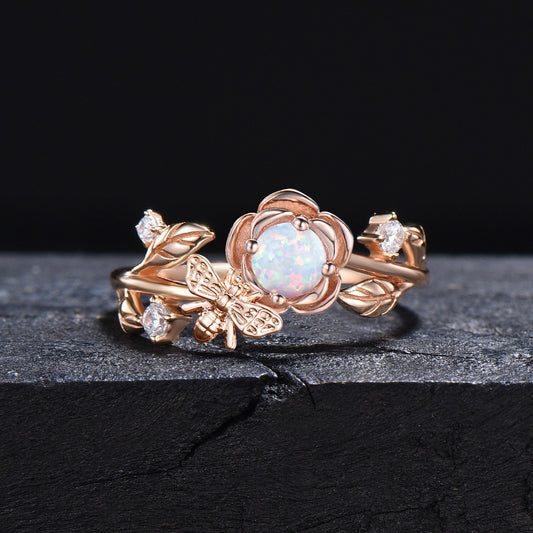 Honey Bee Rose Flower Engagement Ring 5mm Round Cut White Opal Engagement Ring Nature Inspired Leaf Floral Opal Ring October Birthstone Gift
