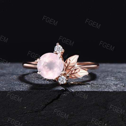 1ct Round Cut Natural Pink Rose Quartz Ring Rose Gold Nature Inspired Leaf Engagement Ring Cluster Moissanite Ring Heal Natural Crystal Gift