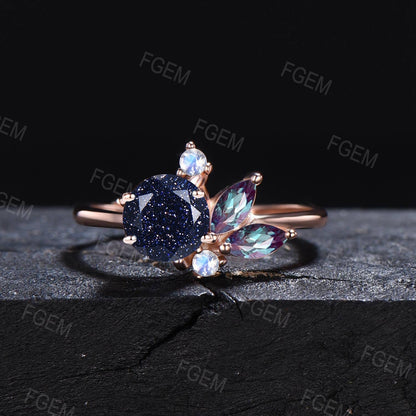 1ct Starry Sky Galaxy Blue Sandstone Ring Marquise Alexandrite Moonstone Cluster Engagement Ring Blue Goldstone Ring Unique Anniversary Gift