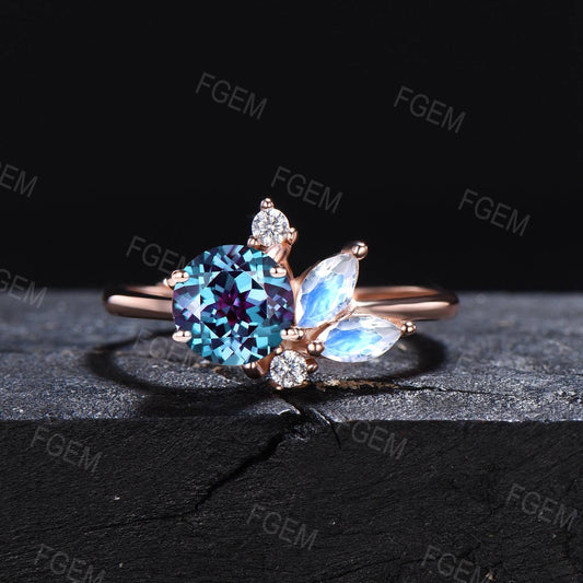 Round Color-Change Alexandrite Moonstone Engagement Ring 10K Rose Gold Vintage Butterfly Style Cluster Moissanite Wedding Ring Proposal Gift