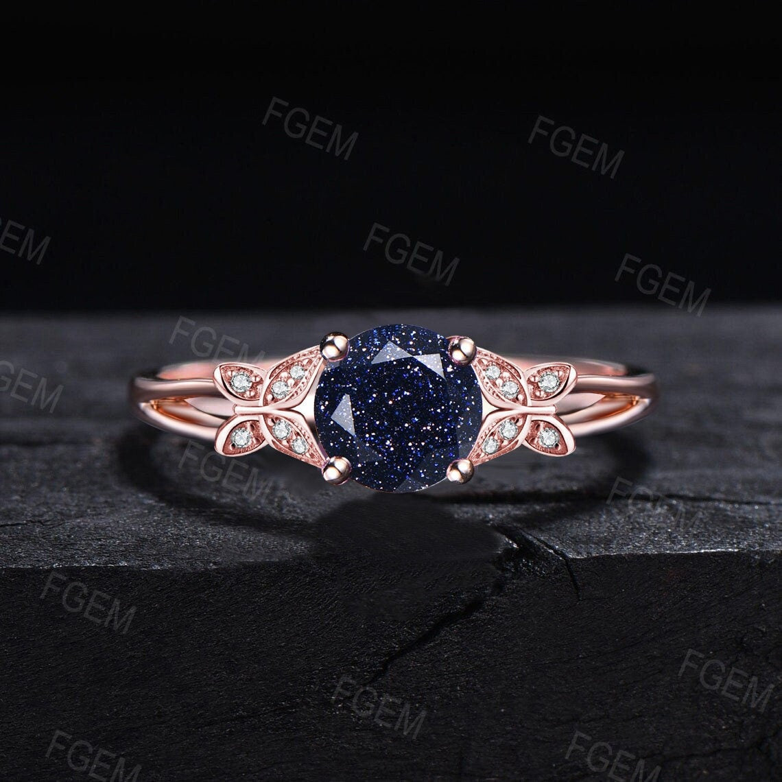 1ct Round Cut Galaxy Starry Sky Blue Sandstone Butterfly Engagement Ring 10K Rose Gold Split Shank Moissanite Band Handcrafted Proposal Ring