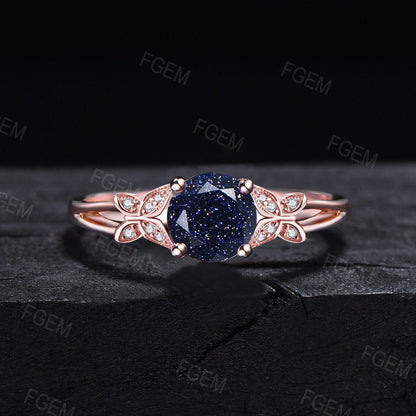 1ct Round Cut Galaxy Starry Sky Blue Sandstone Butterfly Engagement Ring 10K Rose Gold Split Shank Moissanite Band Handcrafted Proposal Ring