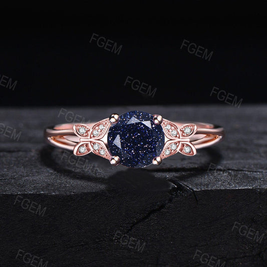 1ct Round Cut Galaxy Starry Sky Blue Sandstone Butterfly Engagement Ring 10K Rose Gold Split Shank Moissanite Band Handcrafted Proposal Ring