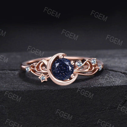 Sailor Moon Inspired Round Galaxy Blue Sandstone Engagement Rings 10K Yellow Gold Bowknot Cluster Alexandrite Crescent Moon Wedding Rings