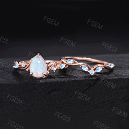 Nature Inspired White Opal Ring Set Vintage 1.25ct Pear Shaped Branch Twig Moonstone Opal Engagement Ring Twist Leaf Fire Opal Wedding Ring