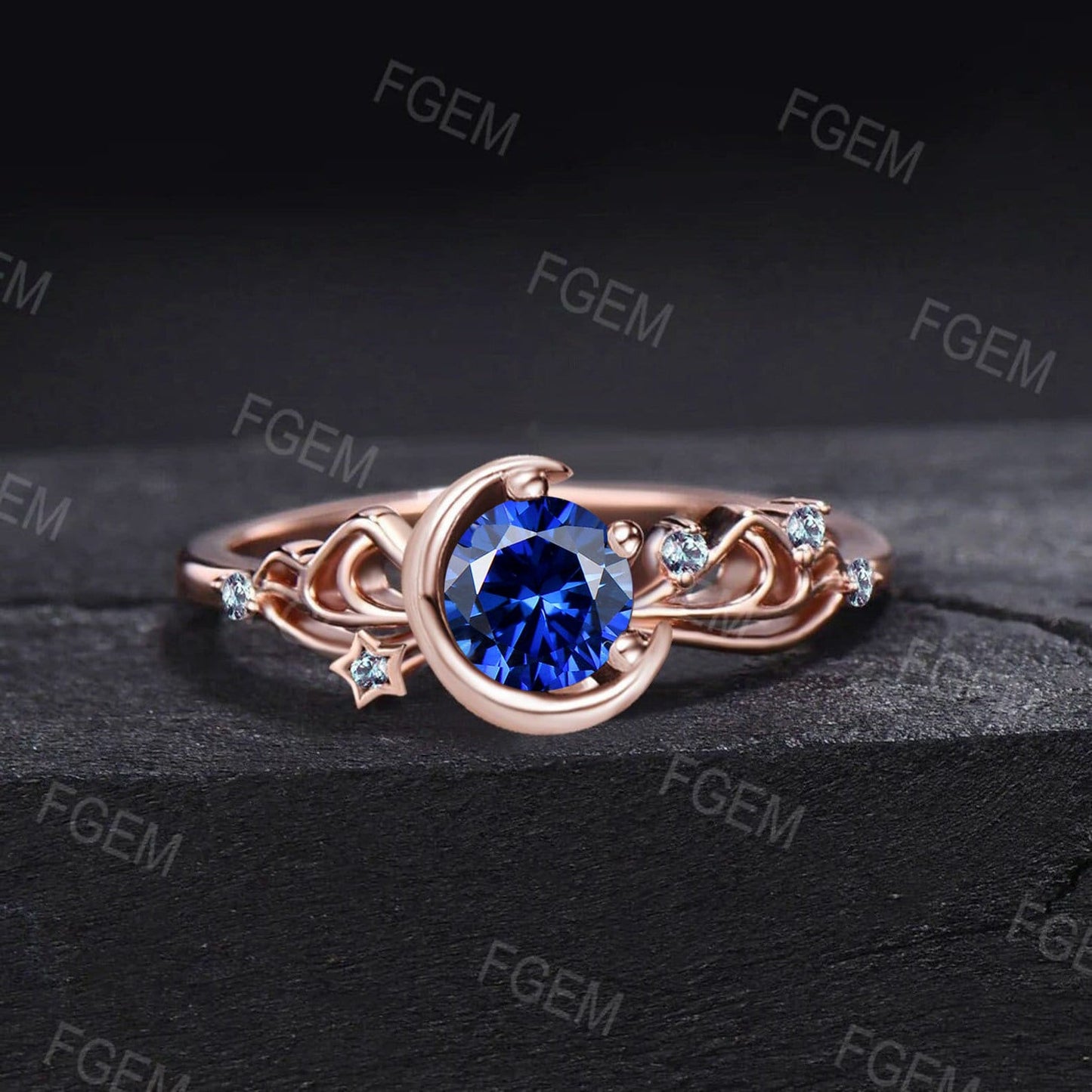 Sailor Moon Inspired Round Blue Sapphire Engagement Rings 10K Yellow Gold Bowknot Promise Ring Cluster Alexandrite Moon Star Wedding Rings