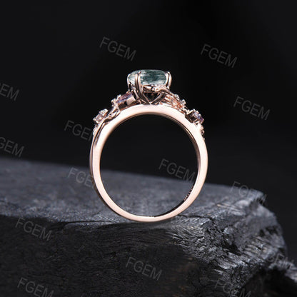 1ct Nature Inspired Round Cut Natural Moss Agate Alexandrite Engagement Ring Cluster June Wedding Ring Unique Anniversary/Promise Gift Women