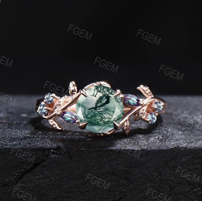 1ct Nature Inspired Round Cut Natural Moss Agate Alexandrite Engagement Ring Cluster June Wedding Ring Unique Anniversary/Promise Gift Women