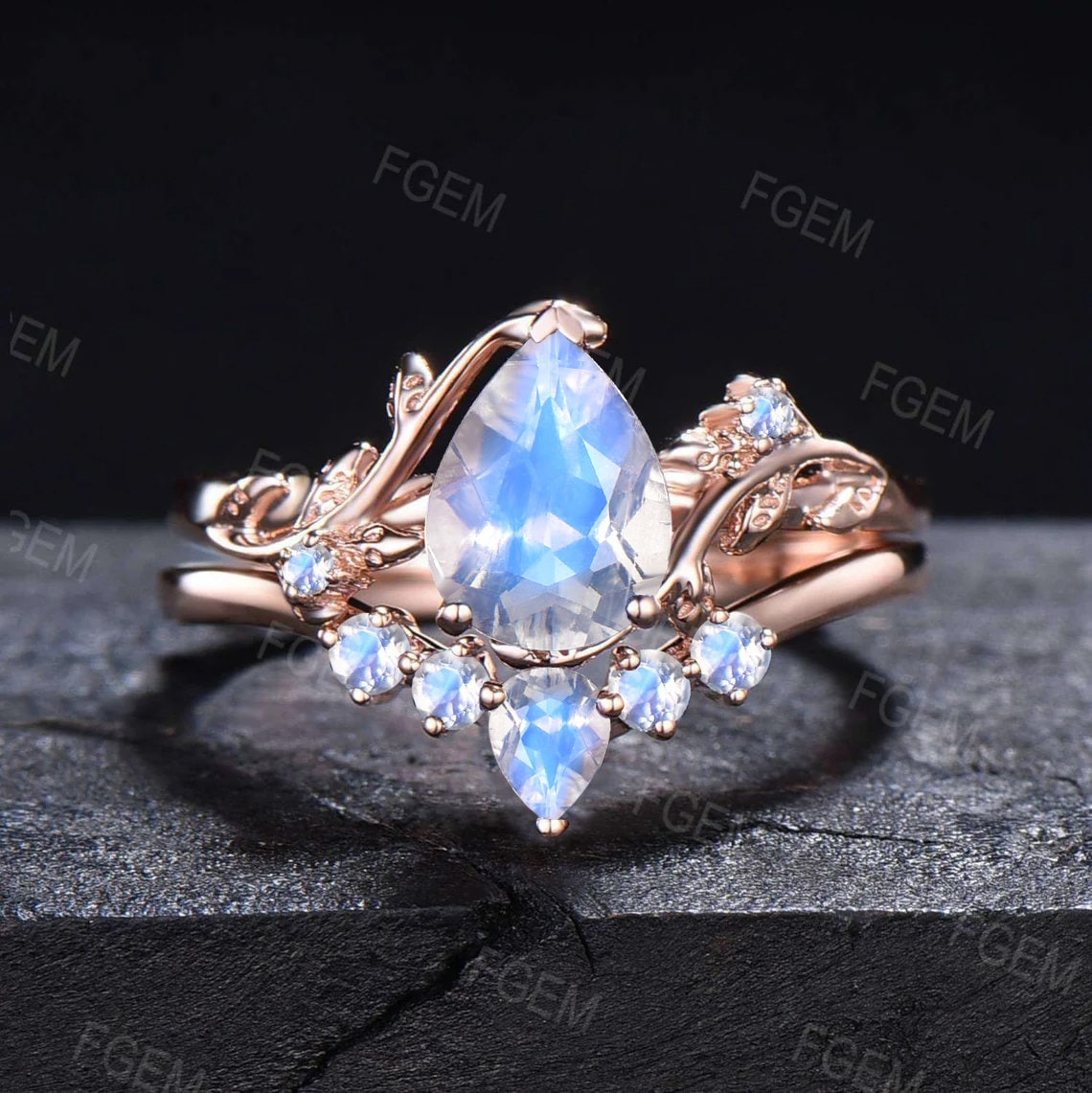 1.25ct Teardrop Rainbow Moonstone Engagement Ring Branch Natural Moonstone Bridal Set Unique 14K Rose Gold Nature Wedding Ring Proposal Gift