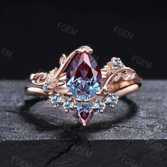 1.25ct Teardrop Alexandrite Ring Set Nature Inspired Alexandrite Engagement Ring Leaf Vine  Branch Wedding Ring Set Unique Anniversary Gifts