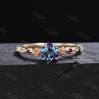 Flower Floral Alexandrite Ruby Wedding Ring Leaf Band Art Deco 6.5mm Round Alexandrite Engagement Ring Unique June Birthstone Birthday Gifts