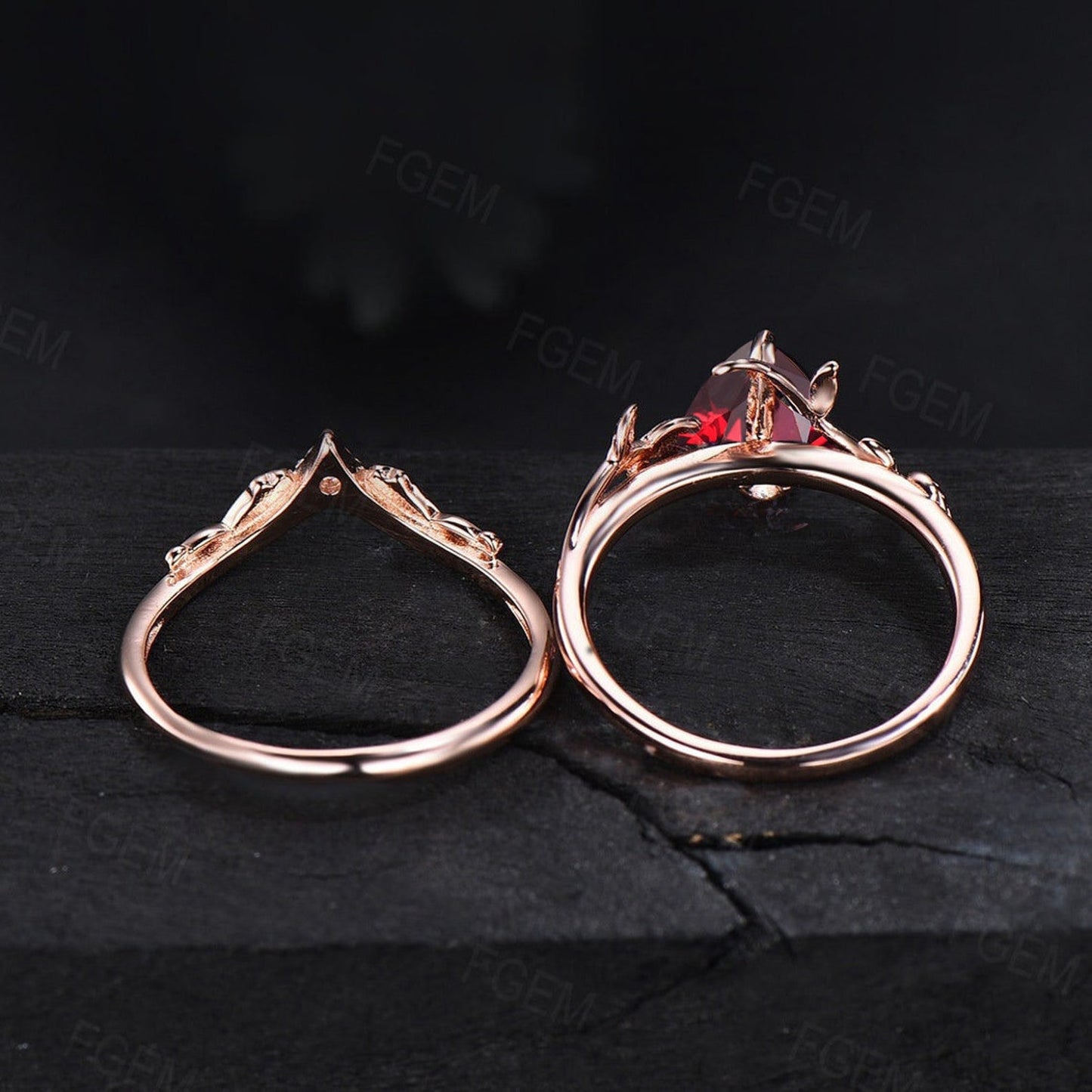 1.25ct Pear Natural Garnet Engagement Ring Red Gemstone Jewelry 10K/14K/18K Rose Gold Twig Leaf Garnet Bridal Set January Birthstone Gifts