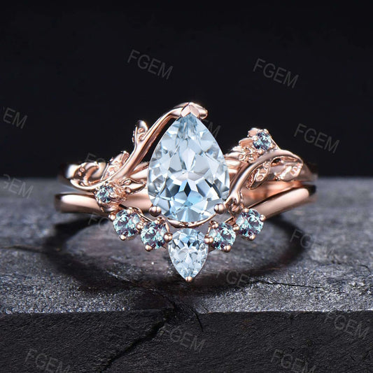 1.25ct Pear Natural Aquamarine Bridal Set Nature Inspired Aquamarine Engagement Ring 14K Rose Gold Leaf Vine Branch Alexandrite Wedding Ring