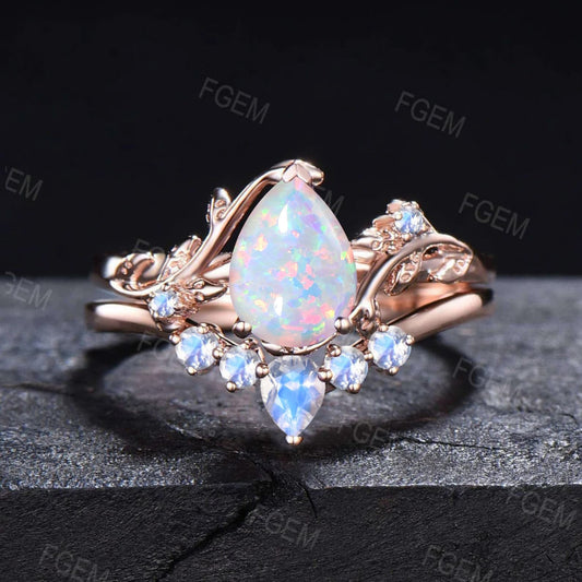 Nature Inspired White Opal Engagement Ring Set Vintage 1.25ct Pear Shaped Unique Branch Design Cluster Leaf Moonstone Opal Wedding Ring Set