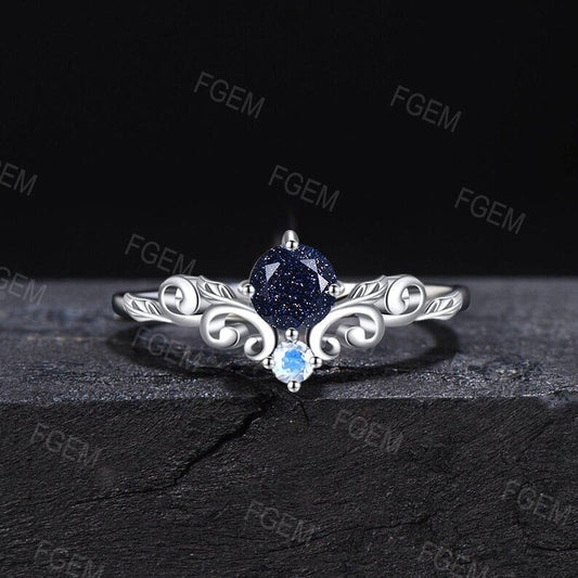 Vintage Pattern 5mm Galaxy Blue Sandstone Round Wedding Ring 10K White Gold Nature Inspired Leaf Blue Goldstone Moonstone Engagement Rings