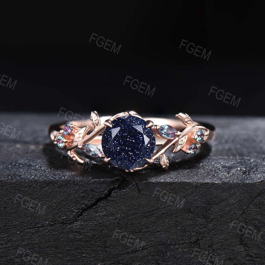 1ct Nature Inspired Round Galaxy Blue Sandstone Engagement Ring Cluster Alexandrite Ring Blue Goldstone Ring Anniversary/Promise Gift Women