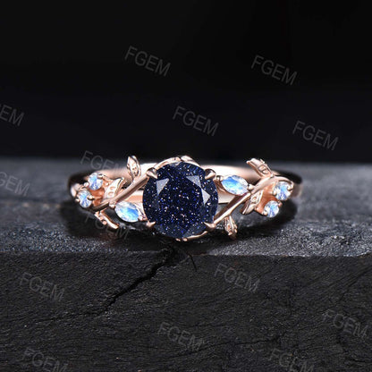 1ct Nature Inspired Round Cut Blue Sandstone Engagement Ring Cluster Blue Moonstone Ring Blue Goldstone Promise Ring Anniversary Gift Women