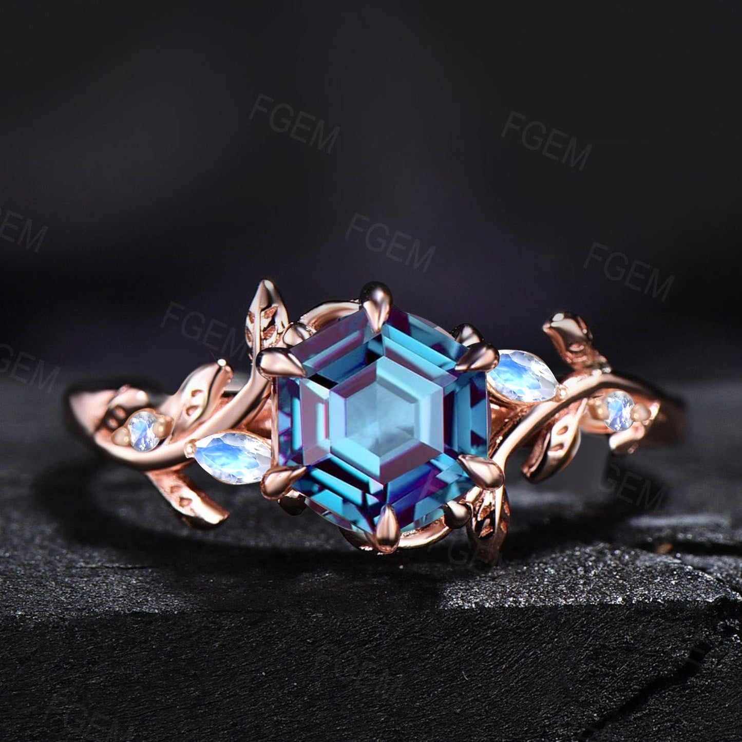 1ct Hexagon Color-Change Alexandrite Ring Rose Gold Leaf Cluster Moonstone Nature Wedding Ring Anniversary Gift Women June Birthstone Rings