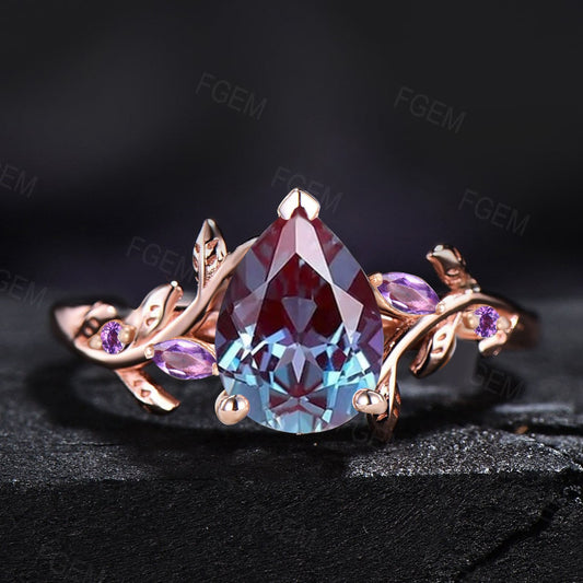 1.25ct Pear Cut Color-Change Alexandrite Ring 10K Rose Gold Cluster Purple Amethyst Nature Inspired Branch Alexandrite Wedding Ring Gifts