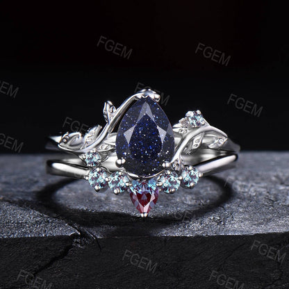 1.25ct Pear Nature Inspired Galaxy Starry Sky Blue Sandstone Wedding Ring Color-Change Alexandrite Wedding Band Leaf Vine Branch Gem Ring